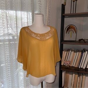 Forever 21 Mustard Yellow Sheer Crochet Neckline Poncho Blouse Size S